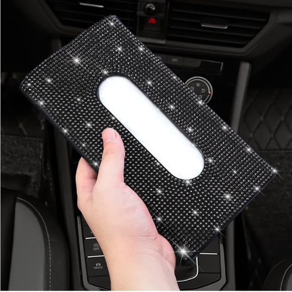 Black Leather Crystal Car Sun Visor Tissue Box Towel Napkin Holder - Picture 2 of 6